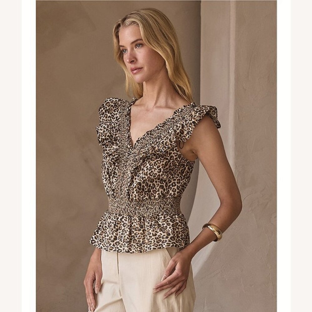 NEW Skies Are Blue - Size S Leopard Poplin V-Neck Ruffle Cap Sleeve Peplum Top